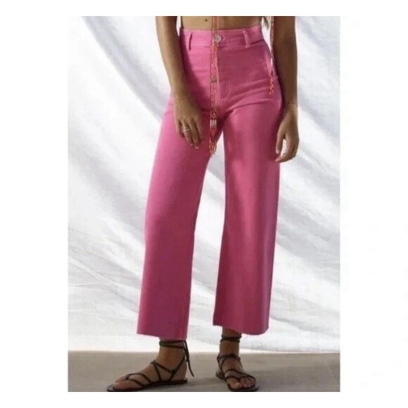 Zara Straight Pink Wide Leg Raw Hem Jeans High Rise Women’s 6 - Picture 1 of 8